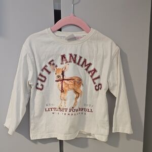 Zara Cream Long Sleeve Tee with Fawn Graphic and Maroon Text Toddler:3T
